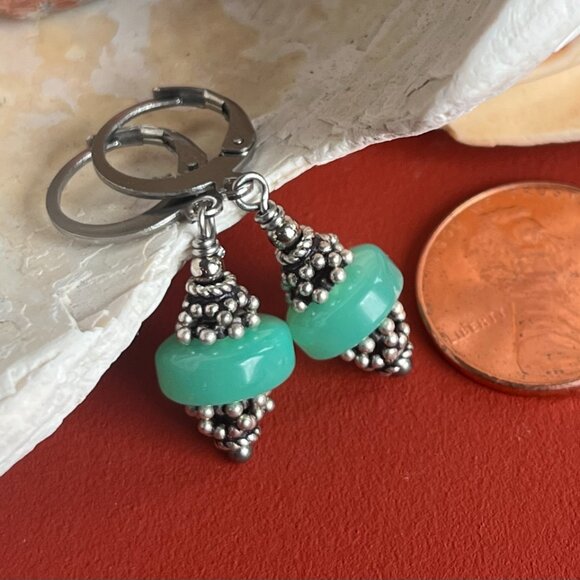 Green Jade Earrings, Silver, Boho Gemstone Earrings - Picture 2 of 5